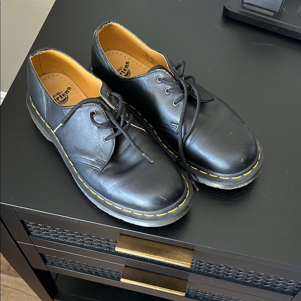 Dr. Martens Black Leather Oxfords with Yellow Stitching